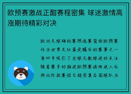欧预赛激战正酣赛程密集 球迷激情高涨期待精彩对决