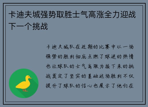 卡迪夫城强势取胜士气高涨全力迎战下一个挑战